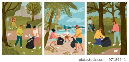 Volunteers collecting garbage into bags on beach and park. People clean environment concept vector illustration. Planet pollution, save nature posters set 97184241