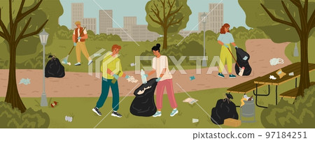 Volunteers collecting garbage into bags in city park. People clean environment concept vector illustration Volunteers collecting garbage into bags in city park. People clean environment concept vector illustration 97184251