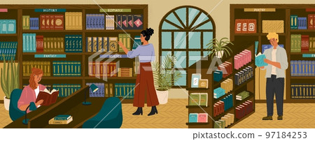 People looking for books in library. Students study and reading books in public library. Concept vector illustration. Men and women surrounded by shelves and racks with books People looking for books in library. Students study and reading books in public library. Concept vector illustration. Men and women surrounded by shelves and racks with books 97184253