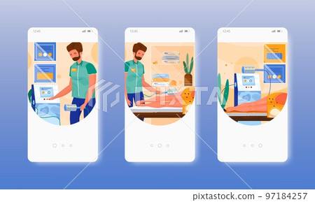 Hardware massage. Lpg anti cellulite procedure. Mobile app screens, vector website banner template. UI, web site design. Hardware massage. Lpg anti cellulite procedure. Mobile app screens, vector website banner template. UI, web site design. 97184257