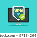 Vpn on pc computer technology icon vector service server or virtual private privacy network shield digital tech protocol image 97184264