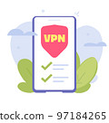 VPN on cell phone mobile checklist vector or virtual private privacy network on cellphone smartphone technology online flat graphic illustration image 97184265