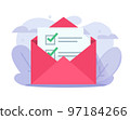 Newsletter email confirm icon checklist vector or verify membership mail subscription campaign letter flat illustration graphic, complete test exam results or feedback survey check mark list image 97184266