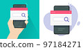 Search app on internet browser as mobile cell phone seo engine vector or web information find on smartphone cellphone online flat cartoon illustration graphic modern design image 97184271