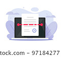 Recognize scan text file document on computer laptop vector icon or scanning business doc on pc screen flat cartoon graphic illustration, cyber authenticity or identity check image 97184277