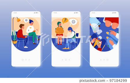 Group therapy. Psychotherapy session. Mobile app screens, vector website banner template. UI, web site design. Group therapy. Psychotherapy session. Mobile app screens, vector website banner template. UI, web site design. 97184299