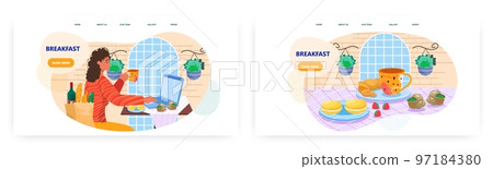 European breakfast landing page design, website banner vector template set. Coffee with french croissant and macaroon. 97184380