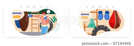 Boxing landing page design, website banner vector template set. Man boxer punching heavy bag. Boxing sport gym workout. Boxing landing page design, website banner vector template set. Man boxer punching heavy bag. Boxing sport gym workout. 97184408