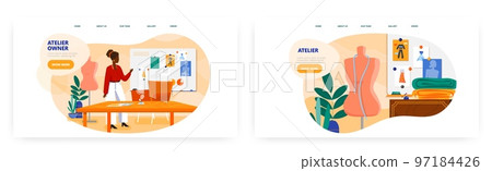 Atelier owner landing page design, website banner vector template set. Sewing business. Fashion designer studio workshop Atelier owner landing page design, website banner vector template set. Sewing business. Fashion designer studio workshop 97184426