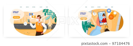 Long distance communication landing page design, website banner vector templates. Couple video calling in public places. 97184476