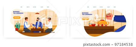 Business tea ceremony landing page design, website banner vector template set. Asian culture, japanese traditions. Business tea ceremony landing page design, website banner vector template set. Asian culture, japanese traditions. 97184538