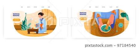Matcha tea landing page design, website banner vector template set. Asian woman making traditional japanese green tea. Matcha tea landing page design, website banner vector template set. Asian woman making traditional japanese green tea. 97184540