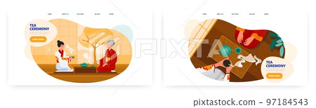Tea ceremony landing page design, website banner vector templates. Women in kimono drinking tea. Asian culture tradition Tea ceremony landing page design, website banner vector templates. Women in kimono drinking tea. Asian culture tradition 97184543