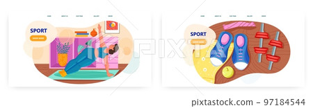 Sport landing page design, website banner vector template set. Woman doing yoga stretching exercises. Home fitness. Sport landing page design, website banner vector template set. Woman doing yoga stretching exercises. Home fitness. 97184544
