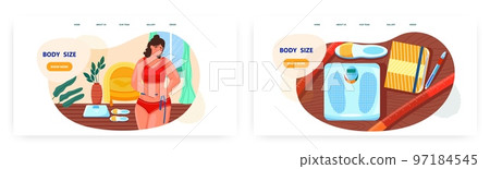 Body size landing page design, website banner vector template set. Weight loss, control, diet plan and healthy lifestyle 97184545