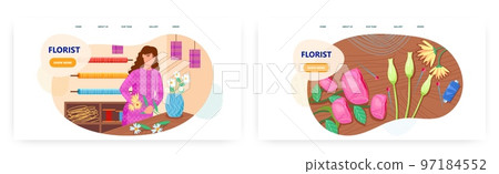 Florist designer landing page design, website banner vector template set. Woman shop assistant making bouquet of flowers Florist designer landing page design, website banner vector template set. Woman shop assistant making bouquet of flowers 97184552