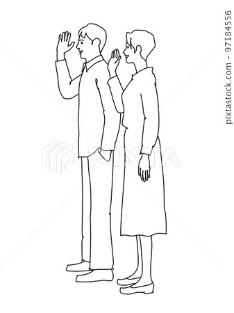 Men and women waving their hands in profile Monochrome line drawing 97184556