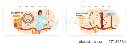 Ethnographer landing page design, website banner vector template set. Natural history museum exposition. Guide tour. 97184584