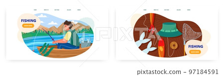 Fishing landing page design, website banner vector template set. Fisherman in boat with rod. Outdoor activity, hobby. 97184591