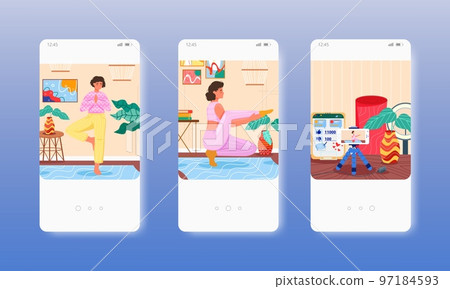 Yoga trainer recording video, blog vlog content. Mobile app screens, vector website banner template. UI, web site design Yoga trainer recording video, blog vlog content. Mobile app screens, vector website banner template. UI, web site design 97184593
