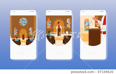 Priest, pastor saying prayer. Church worship. Mobile app screens, vector website banner template. UI, web site design. Priest, pastor saying prayer. Church worship. Mobile app screens, vector website banner template. UI, web site design. 97184620