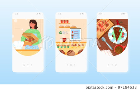 Confectioner Baker selling cakes, sweet pastry. Mobile app screens, vector website banner template. UI, web site design. Confectioner Baker selling cakes, sweet pastry. Mobile app screens, vector website banner template. UI, web site design. 97184638
