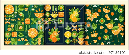 Seamless patterns with oranges in simple geometric style. Abstract shapes. Good for branding, decoration of food package, cover design, decorative print, background. Seamless patterns with oranges in simple geometric style. Abstract shapes. Good for branding, decoration of food package, cover design, decorative print, background. 97186101