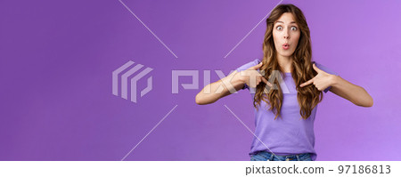 You mean me. Surprised cheerful silly caucasian female student pointing herself impressed astonished choice was picked chosen folding lips excitement, receive awesome unexpected gift You mean me. Surprised cheerful silly caucasian female student pointing herself impressed astonished choice was picked chosen folding lips excitement, receive awesome unexpected gift 97186813