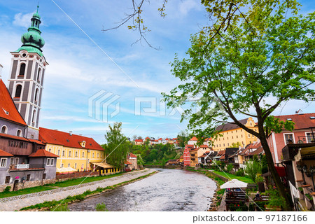 Czech Vltava River and Cesky Krumlov townscape Czech Vltava River and Cesky Krumlov townscape 97187166