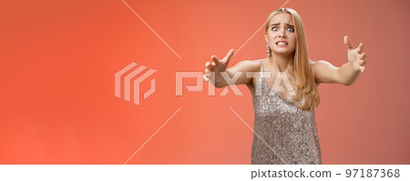 Obsessed ex-girlfriend widen eyes crazy clench teeth stretch hands forward wanna hold tight forever together standing crazy weird red background in silver dress clingy girl want hugs, cuddles 97187368
