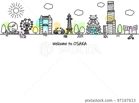 手繪大阪城市景觀和簡單的人物線條畫 手繪大阪城市景觀和簡單的人物線條畫 97187813