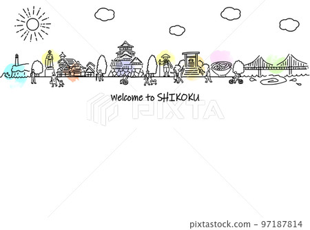 手繪四國城市景觀和簡單的人物線條畫 97187814