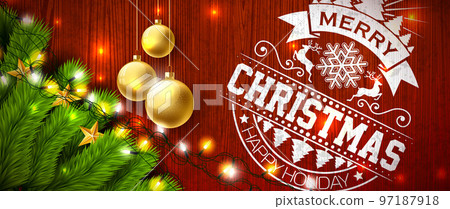 Merry Christmas and Happy New Year Illustration with Gold Glass Ball, Star, Pine Branch and Lights Garland on Vintage, Wood Background. Vector Holiday Season Celebration Design for Greeting Card 97187918
