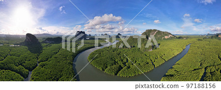 Aerial view panorama Drone shot of Nature landscape mountain view located in Phang-nga Thailand. Drone flying over sea and mangrove forest Landscape High angle view 97188156