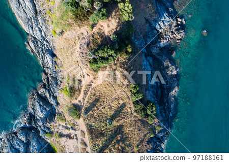 Aerial view of Amazing seashore at Phuket Thailand beautiful wave crashing on seacoast, Top view sea in summer season,Beautiful sea surface background Aerial view of Amazing seashore at Phuket Thailand beautiful wave crashing on seacoast, Top view sea in summer season,Beautiful sea surface background 97188161
