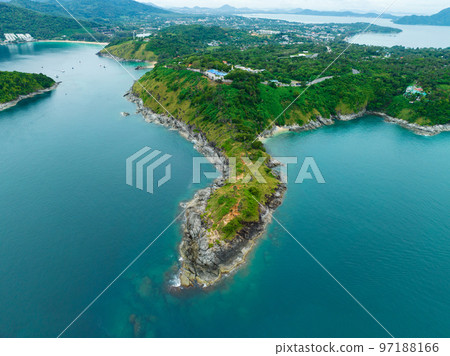 Amazing landscape nature scenery view of Beautiful tropical sea with Sea coast view in summer season image by Aerial view drone top down, high angle view Located at Laem Promthep Phuket Thailand 97188166