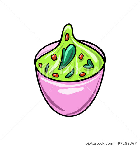 Mexican Guacamole with garlic in a cute cartoon style. Traditional Mexican dish in a lilac bowl. 97188367