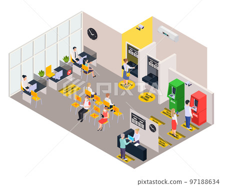 Social Distancing In Bank Isometric Background 97188634