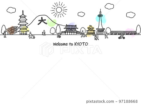 手繪京都城市景觀和簡單的人物線條畫 97188668