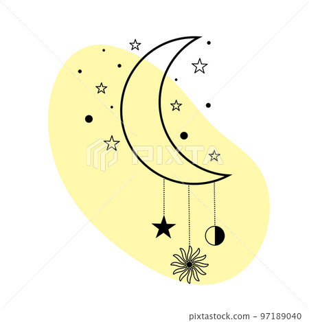 Moon with stars and sun in line art. Spiritual symbol celestial space. Alchemy esoteric mystical magic talisman. 97189040