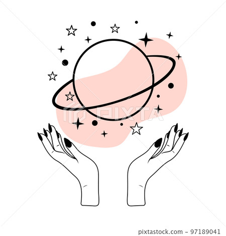 Planet and stars with woman`s hands in line art. Alchemy esoteric mystical magic talisman. Planet and stars with woman`s hands in line art. Alchemy esoteric mystical magic talisman. 97189041
