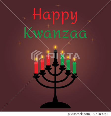 Happy Kwanzaa greeting card with seven candles in a candlestick. African and African-American culture holiday. Vector illustration. Happy Kwanzaa greeting card with seven candles in a candlestick. African and African-American culture holiday. Vector illustration. 97189042