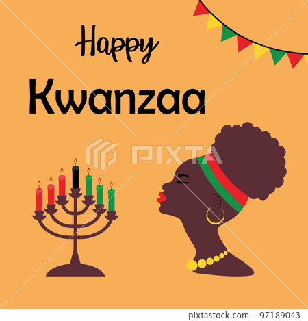 African woman with seven candles in a candlestick. Happy Kwanzaa greeting card. African and African-American culture holiday. African woman with seven candles in a candlestick. Happy Kwanzaa greeting card. African and African-American culture holiday. 97189043