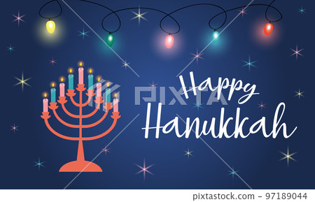 Happy Hanukkah greeting card with shining garland, stars and candles in candlestick. 97189044