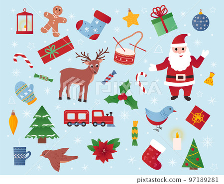 Christmas holiday toys, gift icons. Drum and xmas tree, train and deer, bird and snowflakes, gingerbread and mistletoe plant. Santa and cartoon decorative elements. Vector traditional utter pattern Christmas holiday toys, gift icons. Drum and xmas tree, train and deer, bird and snowflakes, gingerbread and mistletoe plant. Santa and cartoon decorative elements. Vector traditional utter pattern 97189281