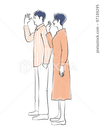 Men and women waving their hands in profile Watercolor-style line drawing 97189295