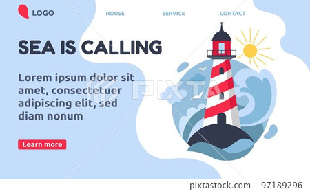 Marine adventures. Sea calling. Lighthouse web landing page. Beach gull. House light nautical construction. Beach traveling. Ocean water waves. Navigation tower. Vector website tidy template design 97189296