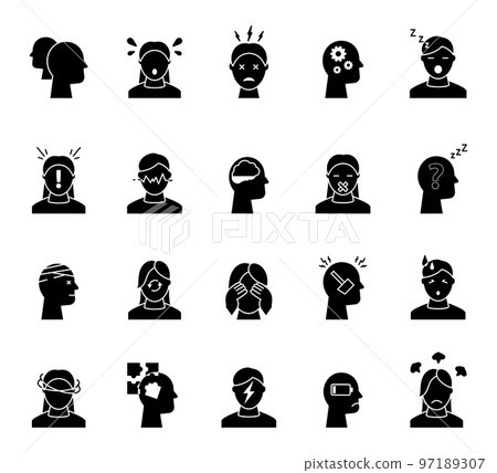 Anxiety person icons. Headache and nervous stress. Silhouette human heads. Mental awareness. Fear and confusion. Dizzy mood. Worry and tired people. Depressed emotions. Vector monochrome garish set 97189307