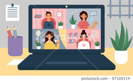 Home work, virtual video call. Remote office conference on laptop, online team group chat, business web communication. Freelance workers. Vector cartoon flat style isolated illustration, tidy concept 97189314