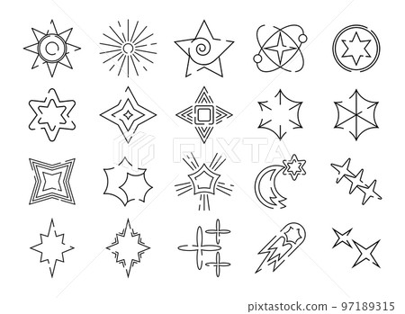 Glitter line stars. Christmas bright. Space icon. Twinkling light sparkles. Blink and glow pictograms of shine. Firework symbol. Glossy sky burst. Pentacle and atom. Vector outline current icons set 97189315